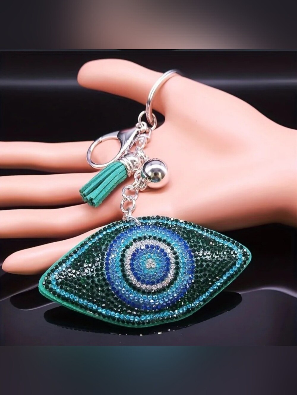 Bling Evil Eye Crystal Rhinestone Keychain Bag Charm With Blue Tassel